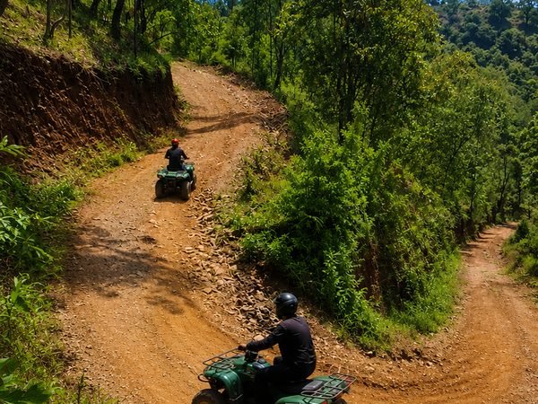 Two quad bikes climbing a red dirt track between the trees