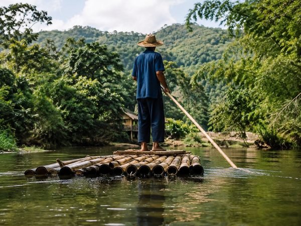 A boatman in a straw hat poling a bamboo raft down a green river between forested hills