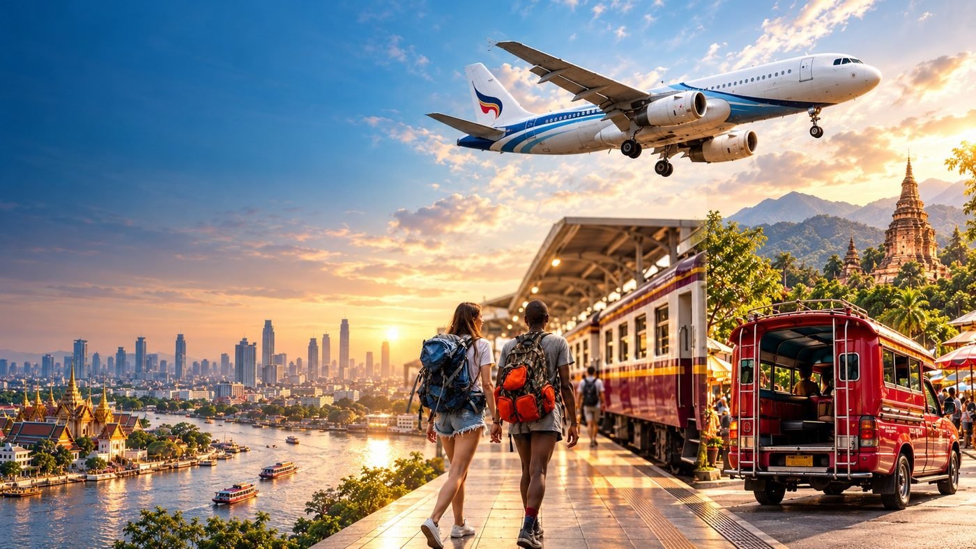 A composite travel scene: a plane climbing over Bangkok's skyline and river at sunset, two backpackers on a station platform beside a train, a red songthaew, and hills with a temple behind