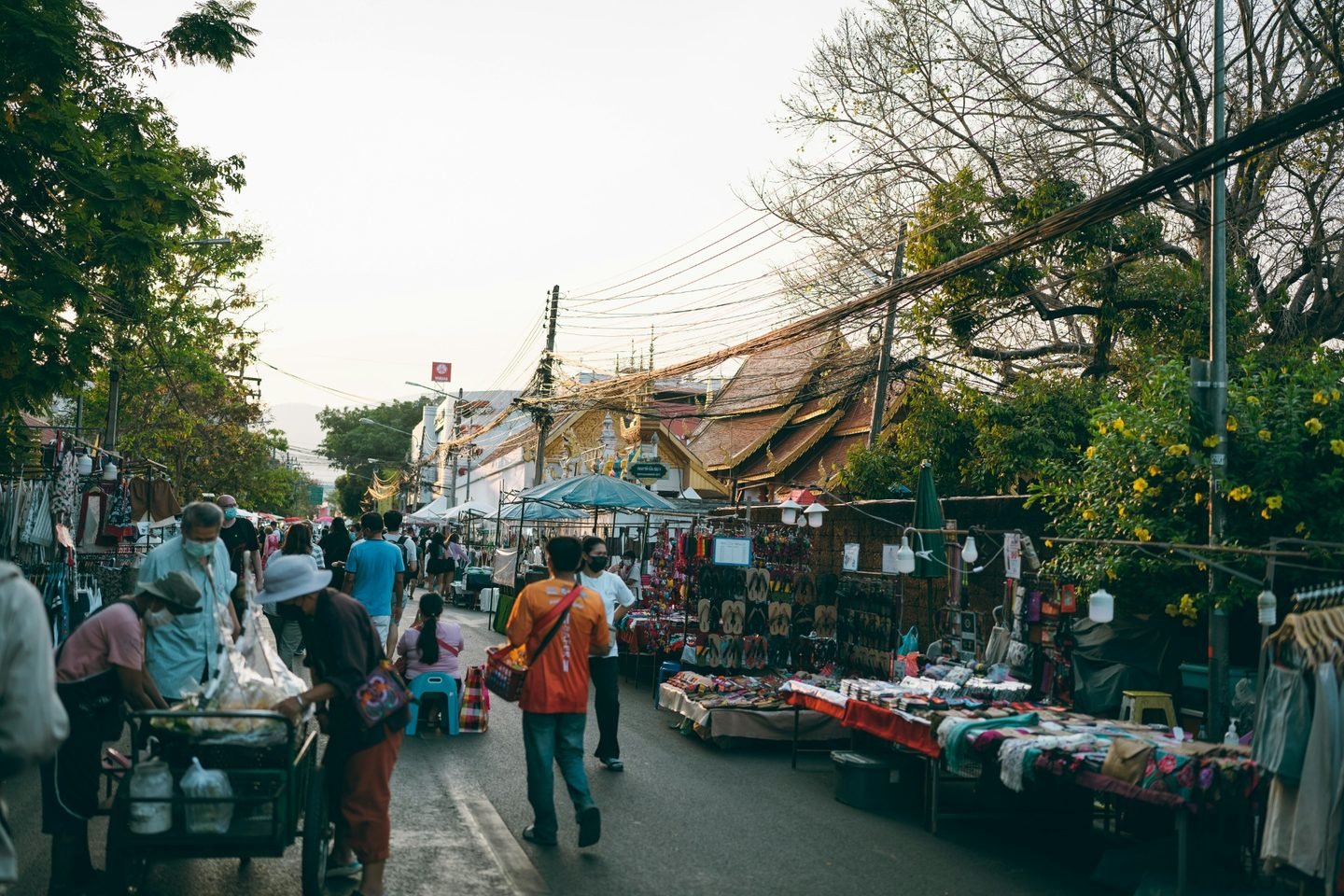 Sunday Walking Street on Ratchadamnoen Road as the market begins to fill in Chiang Mai