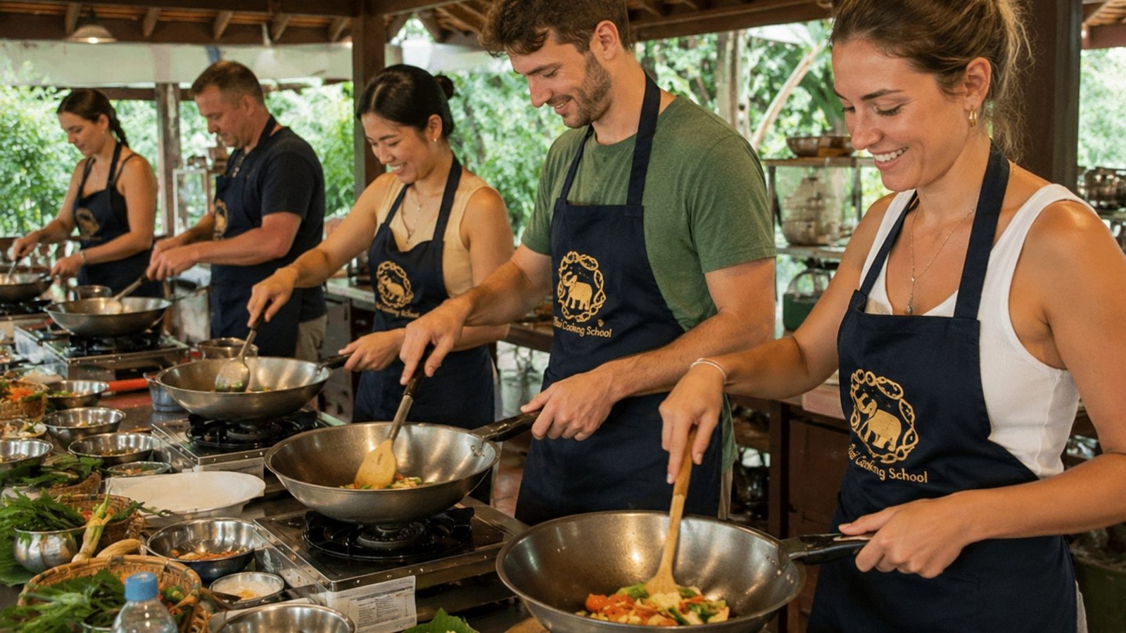 Five people at a row of open-air cooking stations under a wooden roof, each stirring a wok