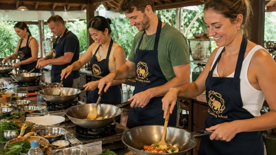 Five people at a row of open-air cooking stations under a wooden roof, each stirring a wok