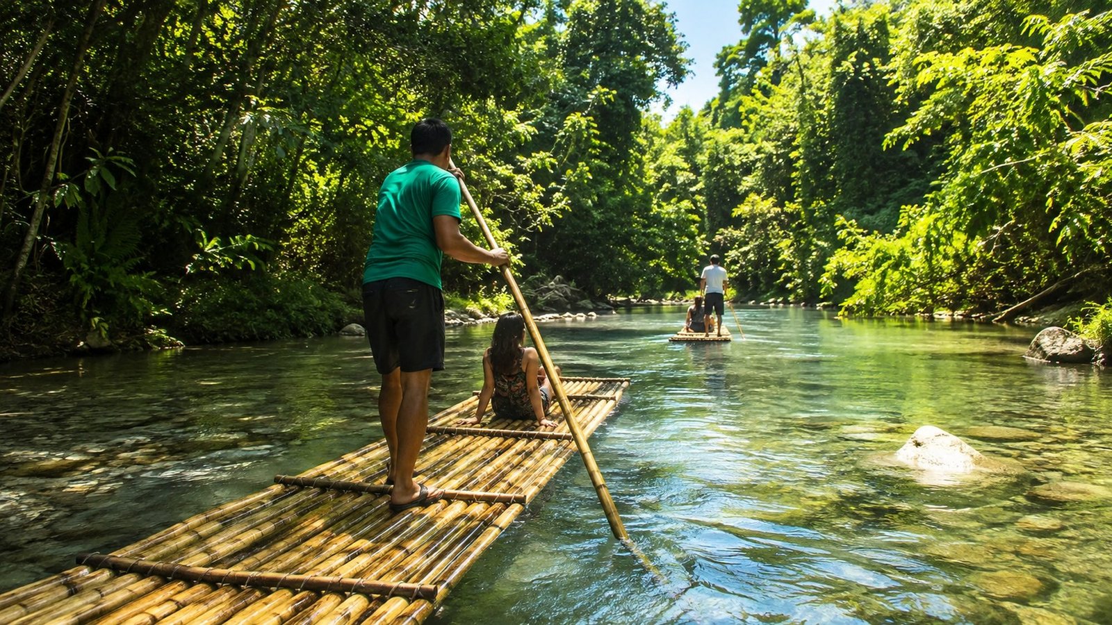 A boatman poling a bamboo raft down a shallow river between walls of jungle, a second raft ahead