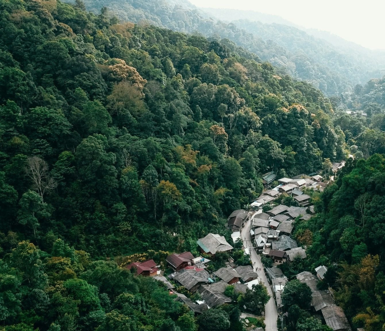 Mae Kampong from the air: the village's roofs along a road at the bottom of a forested valley