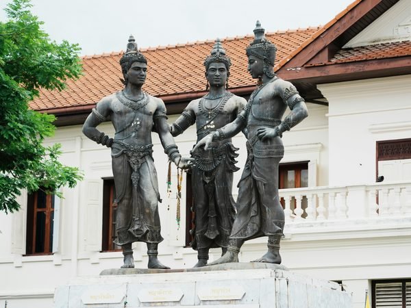 The bronze statues of the three kings who founded Chiang Mai, in front of the old provincial hall