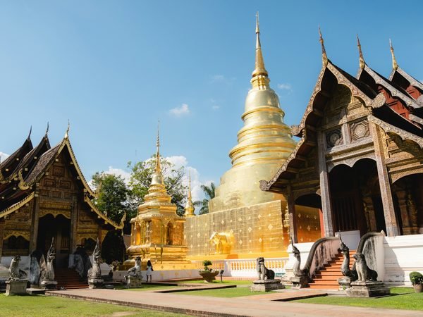 The golden chedi of Wat Phra Singh beside its carved teak wihan, under a clear sky