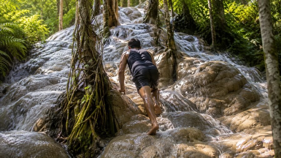 A barefoot climber going up the limestone terraces of the Bua Thong sticky waterfall, water running around him