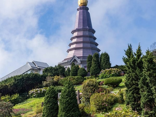 One of the twin royal pagodas of Doi Inthanon above its terraced flower gardens