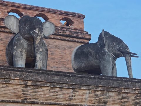 Two brick and stucco elephants projecting from the terrace wall of the chedi, their grey render partly flaked away