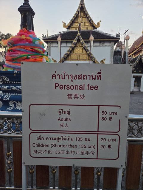 The admission sign at Wat Chedi Luang: adults 50 baht, children shorter than 135 cm 20 baht